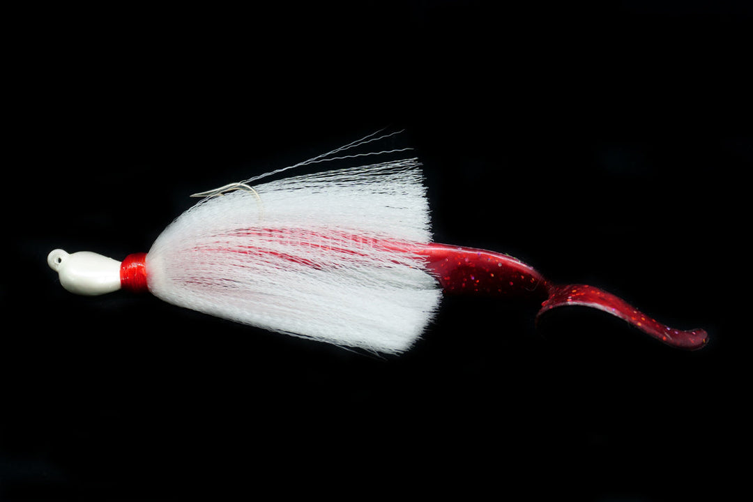 White Cobia Slayer Lure with red soft tail teaser, Gulfstream Lures, Cobia Lures, Bottom Lures, Bottom Jigs, Saltwater Lures