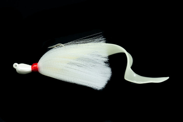 White Cobia Slayer Lure with glow white soft tail teaser, Gulfstream Lures, Cobia Lures, Bottom Lures, Bottom Jigs, Saltwater Lures