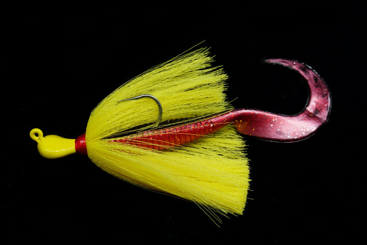 Yellow Cobia Slayer Lure with red soft tail teaser, Gulfstream Lures, Cobia Lures, Bottom Lures, Bottom Jigs, Saltwater Lures