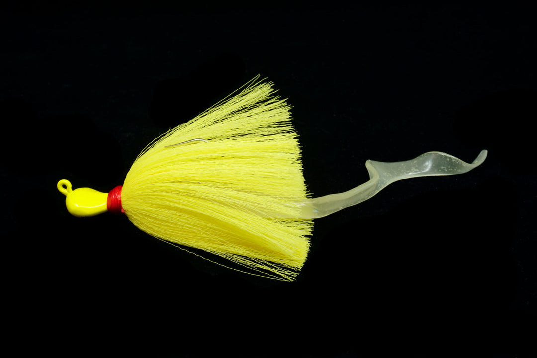 Yellow Cobia Slayer Lure with glow white soft tail teaser, Gulfstream Lures, Cobia Lures, Bottom Lures, Bottom Jigs, Saltwater Lures
