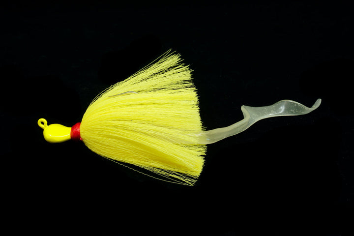 Yellow Cobia Slayer Lure with glow white soft tail teaser, Gulfstream Lures, Cobia Lures, Bottom Lures, Bottom Jigs, Saltwater Lures