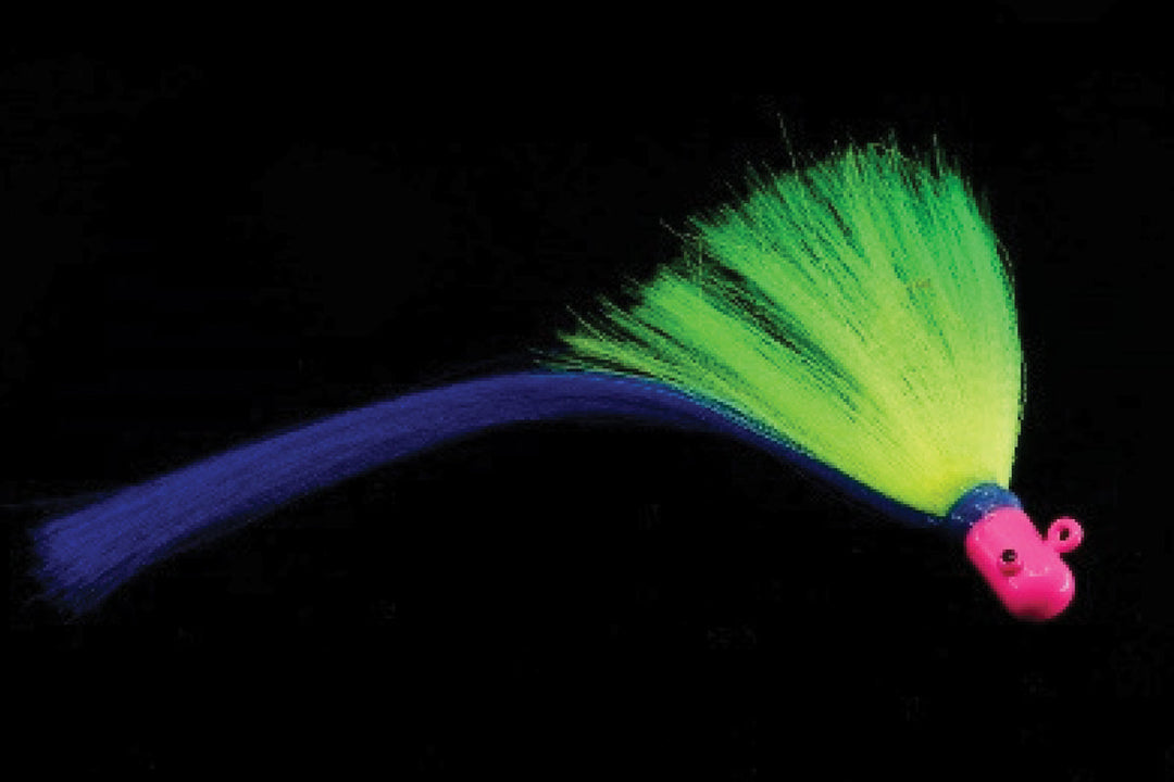 Yellow Flair Hawk Lure with pink head and blue tail, gulfstream lures, snook lures, tarpon lures, saltwater lures, best snook lure