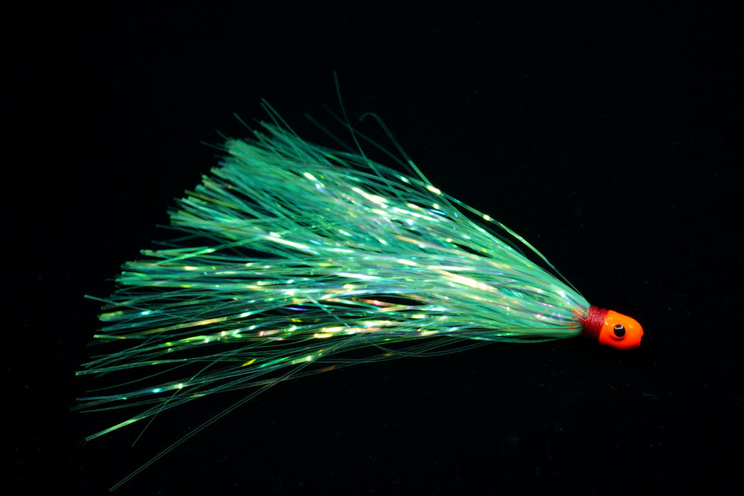 Flash Witch with orange head and flashy chartreuse body, gulfstream lures, best trolling lures, drifting baits, drifting lures, dolphin lures, sailfish lures, wahoo lures,