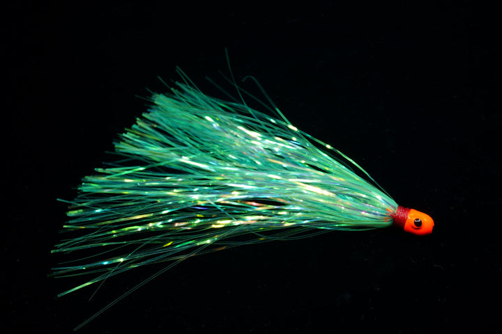 Flash Witch with orange head and flashy chartreuse body, gulfstream lures, best trolling lures, drifting baits, drifting lures, dolphin lures, sailfish lures, wahoo lures,