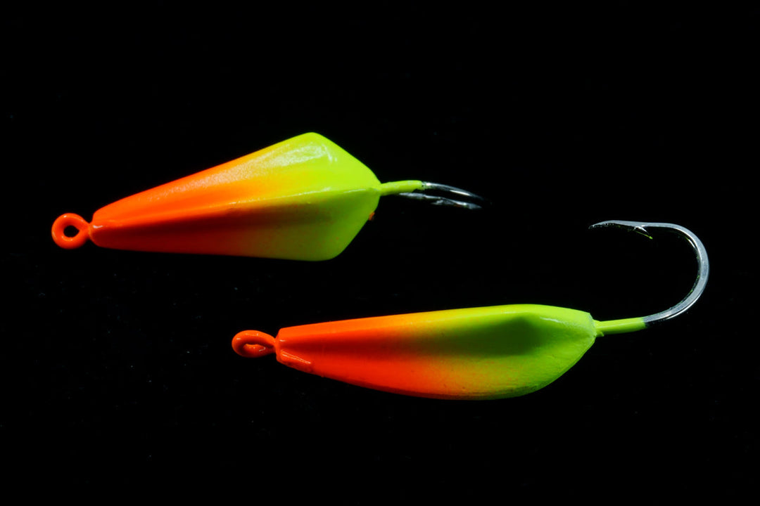 Chartreuse and orange high Jinx jig, gulfstream lures, pompano jig, pompano lure, bluefish jig, bluefish lure, mackerel jig, mackerel lure, bonefish jig, bonefish lure
