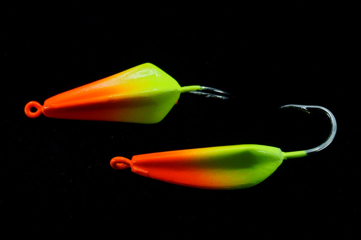 Chartreuse and orange high Jinx jig, gulfstream lures, pompano jig, pompano lure, bluefish jig, bluefish lure, mackerel jig, mackerel lure, bonefish jig, bonefish lure