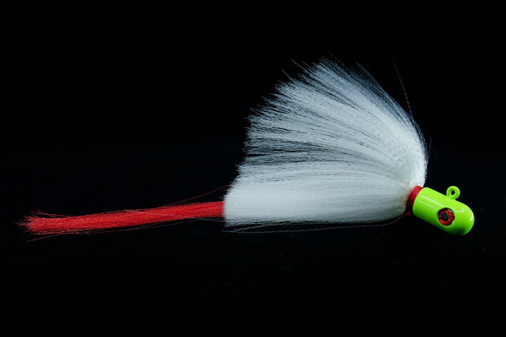 Pro Flair Hawk with chartreuse head, white body and red tail, Jigs with 3D eyes, gulfstream lures, saltwater lures, saltwater jigs, snook lure, snook jig, tarpon lure, tarpon jig, cobia lure, cobia jig