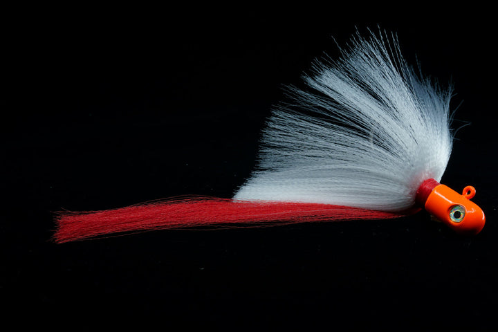 Pro Flair Hawk with Orange head, white body and red tail, Jigs with 3D eyes, gulfstream lures, saltwater lures, saltwater jigs, snook lure, snook jig, tarpon lure, tarpon jig, cobia lure, cobia jig