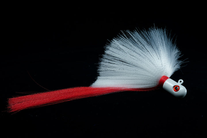 Pro Flair Hawk with white head, white body and red tail, Jigs with 3D eyes, gulfstream lures, saltwater lures, saltwater jigs, snook lure, snook jig, tarpon lure, tarpon jig, cobia lure, cobia jig