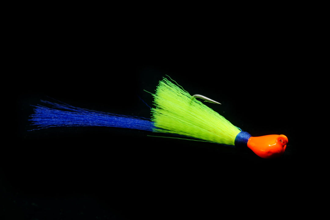  Orange head with chartreuse body and blue tail pea hawk jig, gulfstream lures, peacock bass lure, peacock bass jig, mangrove snapper lure, mangrove snapper jig, redfish lure, redfish jig, casting jig