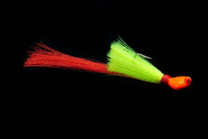Orange head with chartreuse body and red tail pea hawk jig, gulfstream lures, peacock bass lure, peacock bass jig, mangrove snapper lure, mangrove snapper jig, redfish lure, redfish jig, casting jig