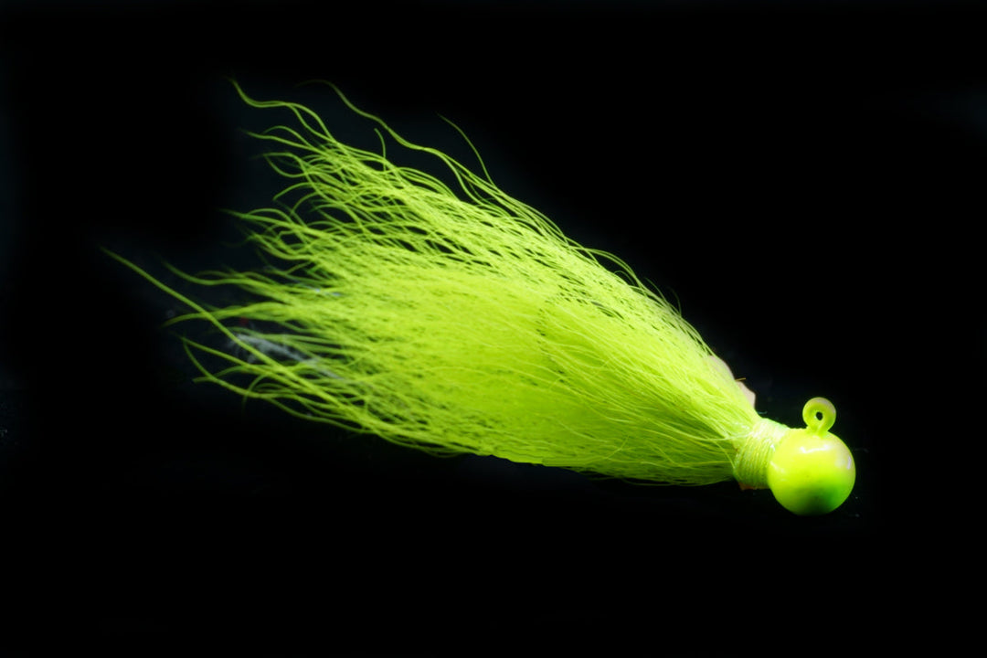 chartreuse pompano jig, bucktail jig, gulfstream lures, saltwater jig, ladyfish jig, tarpon jig, casting jig, best pompano jig