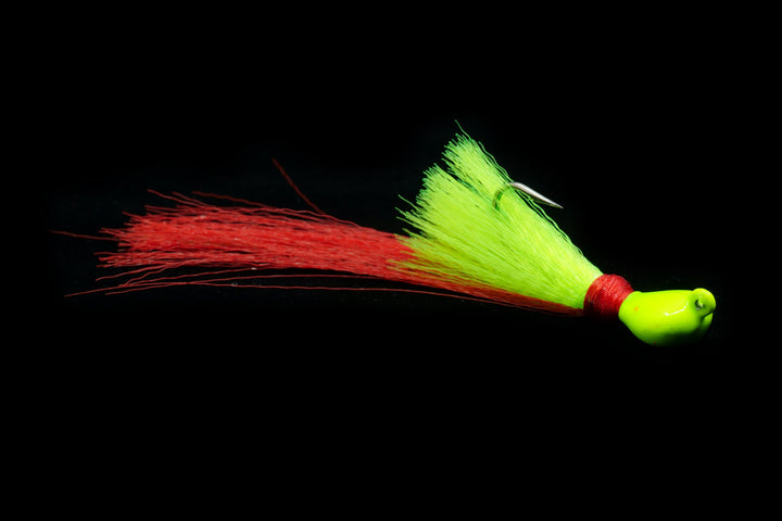 chartreuse head with chartreuse body and red tail pea hawk jig, gulfstream lures, peacock bass lure, peacock bass jig, mangrove snapper lure, mangrove snapper jig, redfish lure, redfish jig, casting jig
