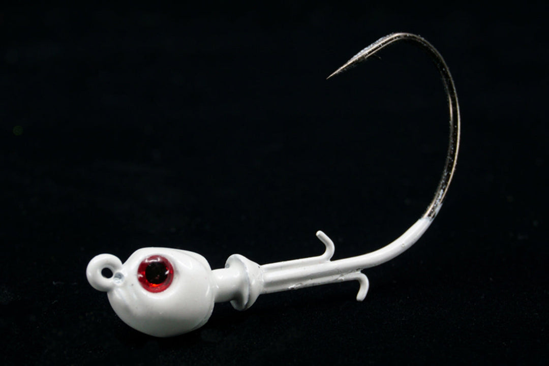 White Pro Skimmer Jig Head with 3D eyes and patented no fail bait keeper. Jig Head for soft tails, saltwater lures, gulfstream lures, best snook jig head, best seatrout jig head, best redfish jig head, best flounder jig head, best triple tail jig head, casting jigs, jig head for soft plastic