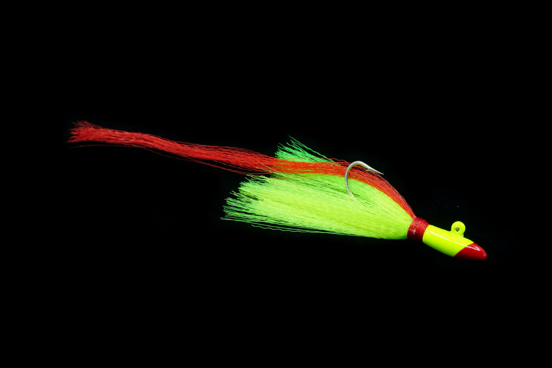 Red Tail Hawk with Red Nose and Tail and Chartreuse Head and Body, Gulfstream Lures, saltwater jigs, casting jigs, bottom jigs, Snapper Jigs, Snapper lures, Saltwater Lures, Snook Jigs, Snook Lures, Grouper Jigs, Grouper Lures, Kingfish lures