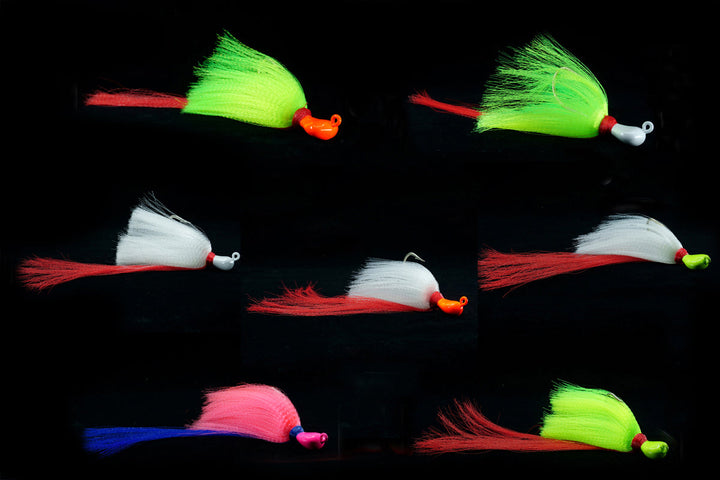 Collection of Skimmer Flair Hawk lures in various color combinations.  These gulfstream lures are great as snook lures, snook jigs, Tarpon Lures, Tarpon Jigs, Cobia Lures,  Cobia Jigs, Bottom Jigs and more.  These are effective near shore and offshore saltwater lures.
