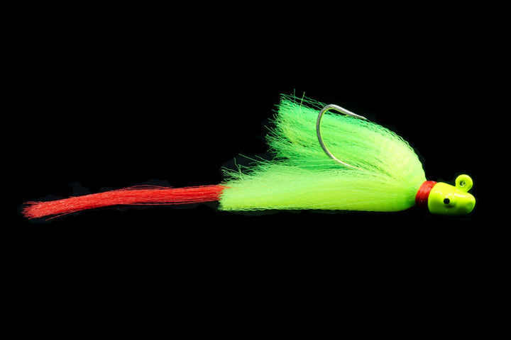 Snook Slayer with Chartreuse Head, Chartreuse Body and Red Tail. This Gulfstream Lures jig is great as a Snook Jig, Snook Lure, Tarpon Jig, Tarpon Lure, Cobia Jig, Cobia Lure, Striped Bass Jig, Striped Bass lure. Saltwater lures, Saltwater jigs.