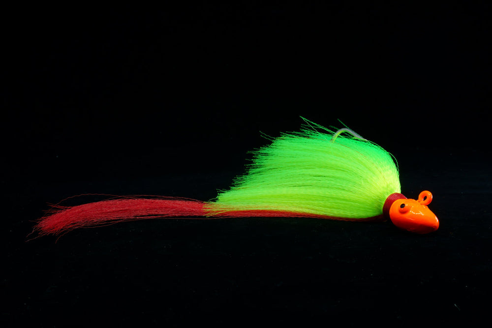 Snook Slayer with Orange Head, Chartreuse Body and Red Tail. This Gulfstream Lures jig is great as a Snook Jig, Snook Lure, Tarpon Jig, Tarpon Lure, Cobia Jig, Cobia Lure, Striped Bass Jig, Striped Bass lure. Saltwater lures, Saltwater jigs.
