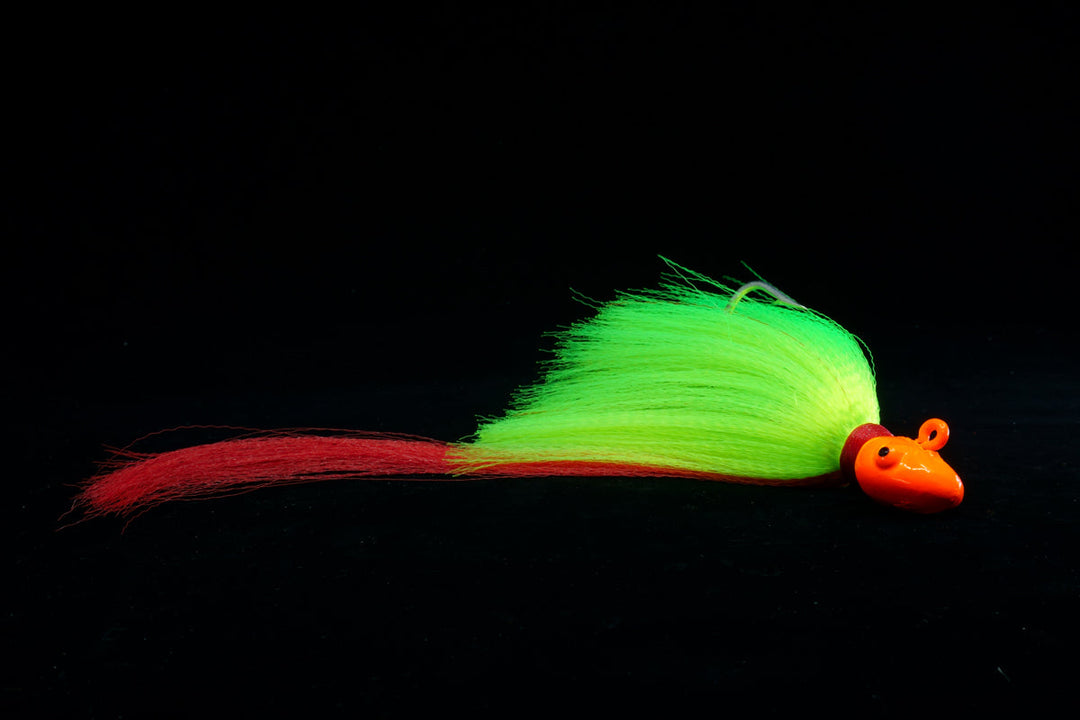 Snook Slayer with Orange Head, Chartreuse Body and Red Tail. This Gulfstream Lures jig is great as a Snook Jig, Snook Lure, Tarpon Jig, Tarpon Lure, Cobia Jig, Cobia Lure, Striped Bass Jig, Striped Bass lure. Saltwater lures, Saltwater jigs.