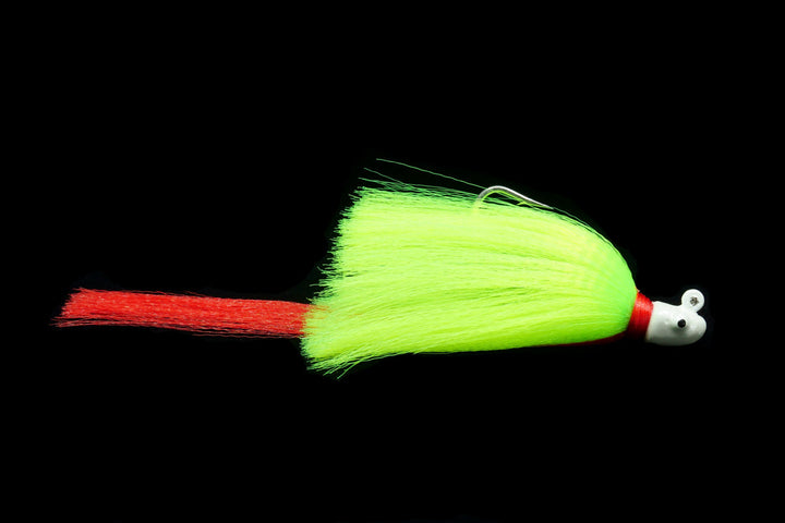 Snook Slayer with White Head, Chartreuse Body and Red Tail. This Gulfstream Lures jig is great as a Snook Jig, Snook Lure, Tarpon Jig, Tarpon Lure, Cobia Jig, Cobia Lure, Striped Bass Jig, Striped Bass lure. Saltwater lures, Saltwater jigs.