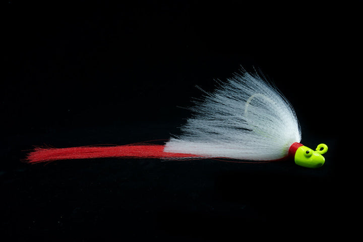 Snook Slayer with Chartreuse Head, White Body and Red Tail. This Gulfstream Lures jig is great as a Snook Jig, Snook Lure, Tarpon Jig, Tarpon Lure, Cobia Jig, Cobia Lure, Striped Bass Jig, Striped Bass lure. Saltwater lures, Saltwater jigs.