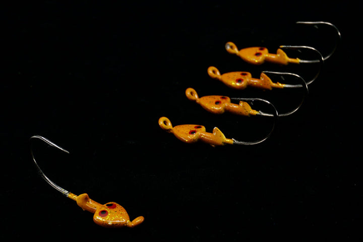 Gold Shrimp Tease Jig Heads. These Gulfstream Lures are great when adding shrimp or soft baits as Snook Lures, Seatrout lures, redfish lures, tarpon lures, bonefish lures, flats lures, ladyfish lures, and jack lures. These are saltwater jigs and saltwater lures.