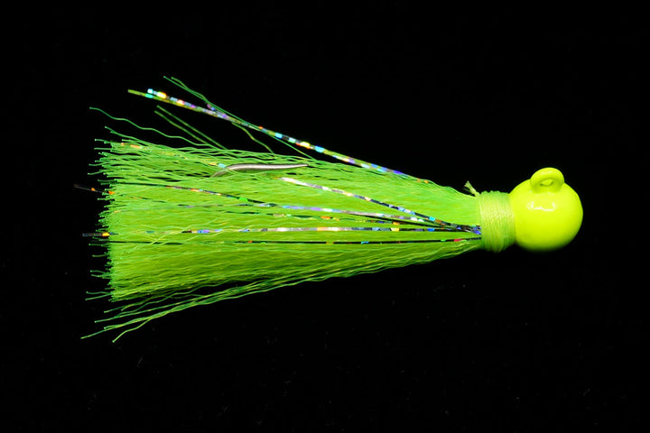 Chartreuse Yellow Tail Jigs. This Gulfstream Lure with a bell-shaped head, nylon skirt and flashy Mylar strips make the Yellowtail Jig irresistible. It is the best yellow tail jig and also great when used as Pompano Jig, Spanish Mackerel lure, Jack lure. Saltwater casting jigs, saltwater casting lure.